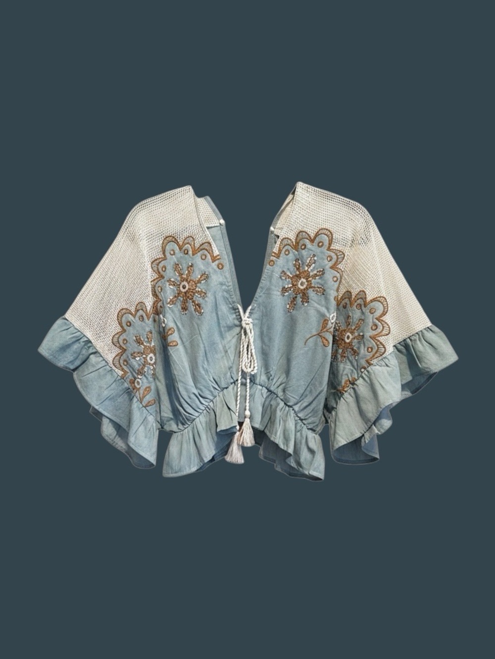 POL Light Blue Embroidered Boho Crop Top